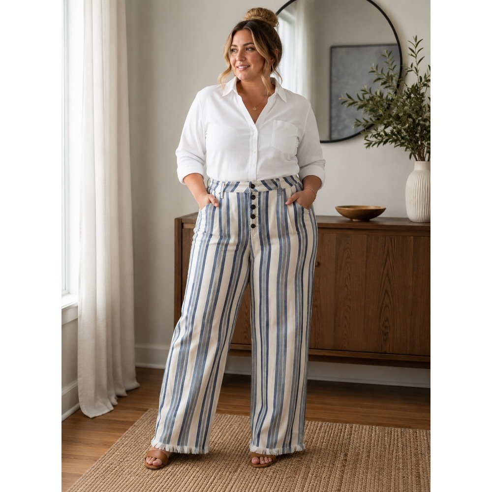 KanCan Blue White Striped High Rise Wide Leg Cropped Jeans 15/31 Raw Hem